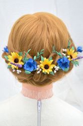 Sunflower, royal blue hydrangeas, babys' breath, lavender, greenery hair pins, floral bridal hair pieces, hair accessory