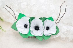 Black and white anemones hair comb with emerald green greenery and branches. Flower hair piece. Hair accessories