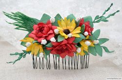 Sunflowers, burgundy dahlias, baby's breath hair comb, artificial flower hair piece, autumn wedding hair accessories