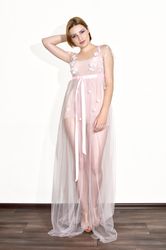 Long light pink sheer robe peignoir with empire high waist. Embroidered with beads and cherry / apple blossom.