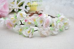 Cherry blossom (apple blossom) flower crown. White and pink flowers headband. Floral hair accessory