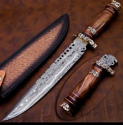 Hand Forged DAMASCUS Steel Hunting BOWIE KNIFE with Walnut Wood Handle With Leather Sheath, Gift Item, Christmas Gift