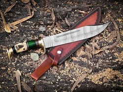 Hand Forged DAMASCUS Steel Hunting BOWIE KNIFE with camel Bone and Wood Handle With Sheath, Gift Item, Christmas Gift