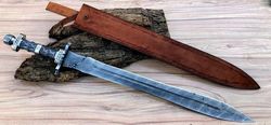 Custom HAND Forged Damascus Steel, Viking Functional Swords Battle Ready With Leather Sheath, Best Anniversary gift for