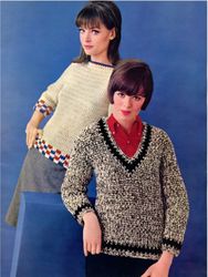 Vintage Crochet Raglan and Tweed V-Neck Pullover PDF Instant Download