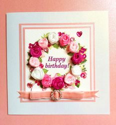 Boxed Luxury Birthday Card with Handmade Rosebuds, Elegant Pink Rose Wreath Greeting Card for Birthday Wishes