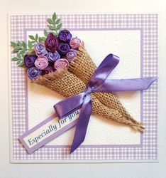 Boxed Luxury Card with Handmade Rosebuds Bouquet, Purple Rose Greeting Card for All Occasions, Card Especially for you