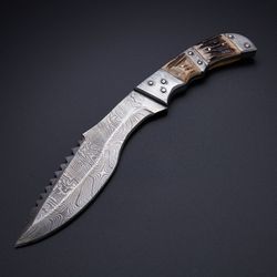 handmade damascus bowie hunting knife hand forged best hunting knife for gift.