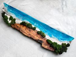 Moss wall art with blue ocean resin wood art for Beach house resin artwork. Stormy seascape artwork.