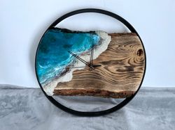 Blue sea wood wall clock, resin ocean clock. Coastal home decor. Sea beach lover gift for birthday. housewarming gift.