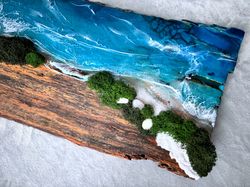 Blue ocean resin wood art. Moss wall art for Beach house resin artwork. Stormy seascape artwork.
