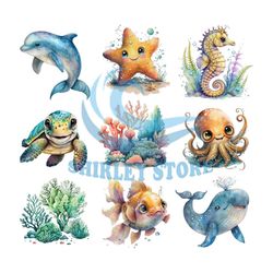 Baby Sea Animals Clipart | Watercolor Ocean PNG | Kawaii Summer Beach Clipart Bundle | Nursery Wall Art | Digital Planne