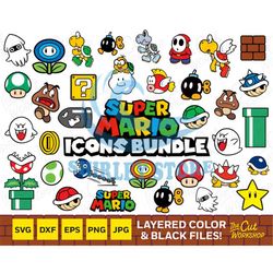 Super Mario Bros Icons Coin Mushroom Star Koopa Goomba Bomb Layered BUNDLE SVG Clipart Digital Download Sublimation Cri