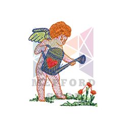 White Cupid Watering Flower Embroidery