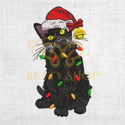 Black Cat Christmas Light Santa Hat Embroidery Design