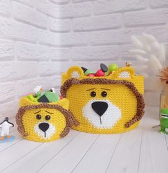 Toy Basket with Cute Crochet Lion Design - Nursery Room Must-Have, 2 pcs