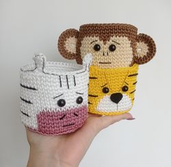 Whimsical Crochet Basket Set: Animal-themed Decorative Baskets for the Baby Room, 3 pc.