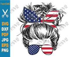4th of July Messy Bun Hair SVG, American Patriotic Mom Bun Hair Sunglasses Headband Mom Life, Usa Flag Momlife SVG Files