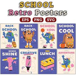 Set Of 8 Retro School Posters - Back To School - Motivational Slogan - Education