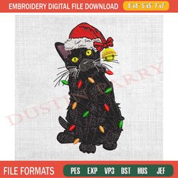 black cat christmas light santa hat embroidery design