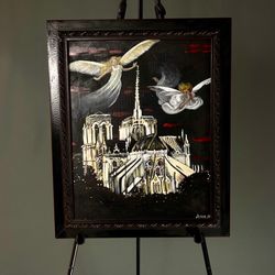 acrylic painting on canvas framed , angels over notre dame cathedral , paris