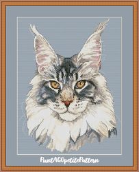 Maine Coon cat portrait cross stitch pdf pattern