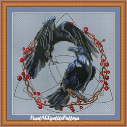 Ravens and berry wreath cross stitch pdf pattern