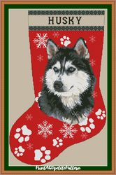 Husky Christmas stocking cross stitch pdf pattern