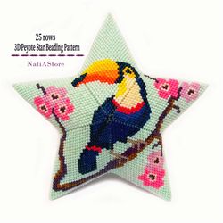 Toucan 3D Peyote Star Beading PDF Pattern, Seed Bead Bird Ornament