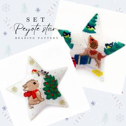 Set - Kitten & Puppy - 3D Peyote Star Beading PDF Pattern / Christmas Ornament