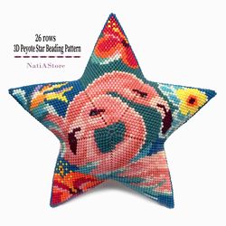 flamingo with tropical flowers - 3d peyote star beading pattern / seed bead pattern / floral ornament