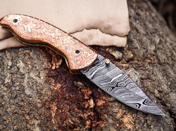damascus pocket knife, engraved knife, handmade knife, hand forged knife personalized knife leather sheath