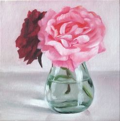 Roses In Vase Painting Floral Still Life Oil 20x20 cm