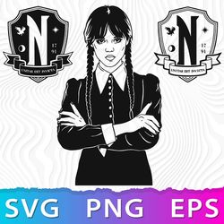 Wednesday Addams SVG, Jenna Ortega, Addams Family PNG, Nevermore Emblem !
