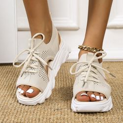 Athletic Sport Sandals, Thick Bottom Walking Sandals Wedges Open Toe Slip on Lace Up Sneakers