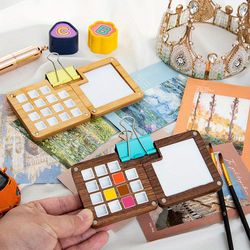 Wooden Pigment Box Portable Mini Pigment Tray,15 Watercolor Color Mixing Box, Magnetic Cover Box