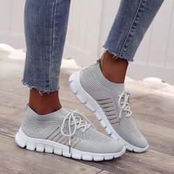 Women's Flying Woven Mesh Sneakers, Lace Up Tennis Shoes, Comfy Non Slip Walking Shoes
