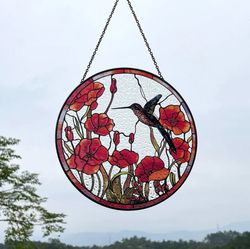 Hummingbird Poppy Stained Glass Suncatcher, Window Hanging Decor Art Gift