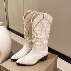 Embroidered Leather Women's Middle Tube Boots Cowboy Pointed Knee-high Boots Ladies