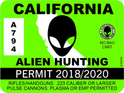 California Alien Hunting Permit Sticker Self Adhesive Vinyl UFO CA - C1008