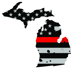 Distressed Thin Red Line Michigan State Shaped Subdued US Flag Sticker Self Adhesive Vinyl fire MI - C3843