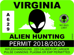 Virginia Alien Hunting Permit Sticker Self Adhesive Vinyl UFO VA - C1049
