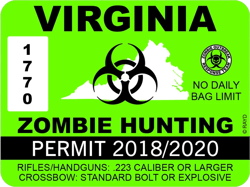 Virginia Zombie Hunting Permit Sticker Self Adhesive Vinyl outbreak response team - C203