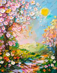 Spring Print, Flower Field Landscape Printable Art, Flower Meadow Oil Painting, Optimistic Painting decor, Summer v