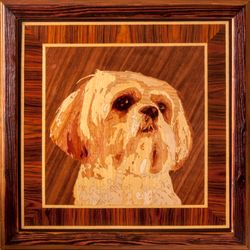 Shih Tzu dog pet portrait wood wall art decor inlay veneer panel framed mosaic wood decor ready to hang eco wood gift