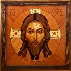 Jesus Christ Savior Orthodox Byzantine Christian our Lord Wood Icon Wall wood mosaic religious art veneer panel