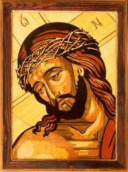Jesus Christ Savior Orthodox Byzantine Christian our Lord Wood Icon Wall wood mosaic religious art veneer panel Home Dec