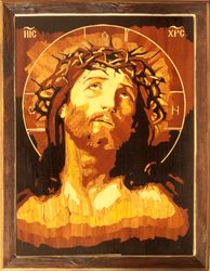 Jesus Christ Savior Wood Icon Crown of thorns Orthodox Byzantine Christian our Lord Wall wood mosaic religious art
