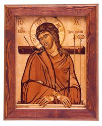 Jesus Christ Savior on Cross Greec Orthodox Byzantine Christian our Lord Wood Icon Wall wood mosaic religious art