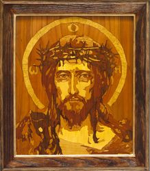 Jesus Christ Savior marquetry Wood Orthodox Icon Byzantine Christian Lord Wall art wood mosaic panel religious art venee